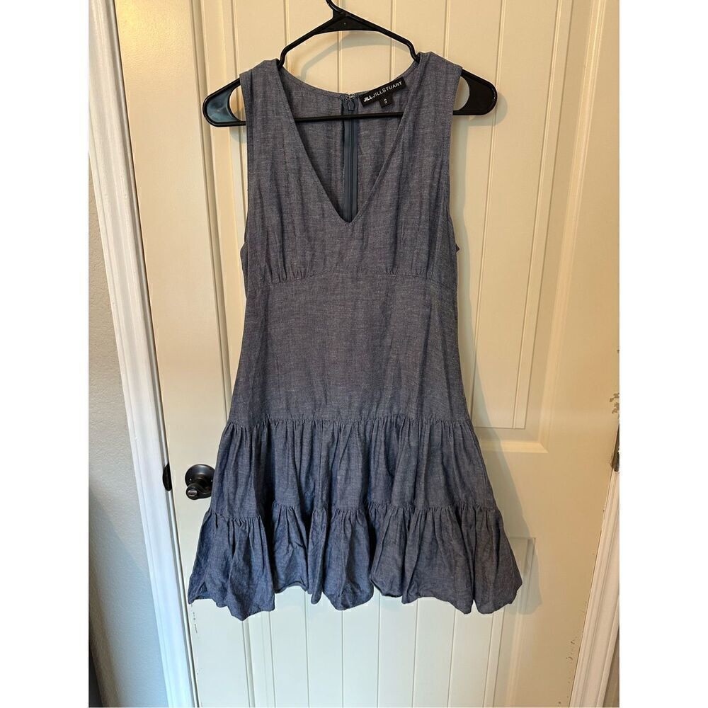 Jill Stuart V Neck Ruffle Denim Mini Dress Size S